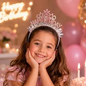 Bentiță de petrecere roz cu strasuri și beteală, mesaj Happy Birthday