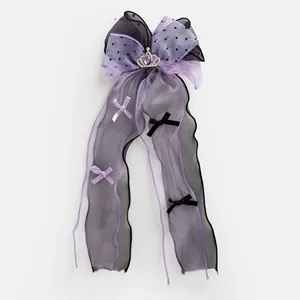 Clamă de păr pentru copii cu fundițe negru-lila și coroană cu strasuri, 15x35 cm – poza 3