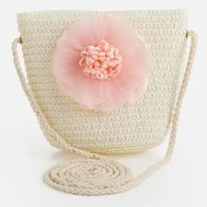 Posetă din paie cu floare roz pentru copii, 15x5x12 cm
