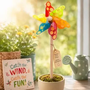 Moara de vant decorativa, 32 cm, Multicolor, Model cu lamai, 6 pale, cu bat de lemn