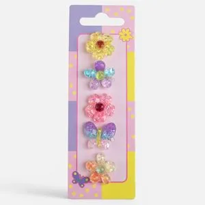 Set 5 Inele cu Strassuri pentru Copii, Model Flori și Fluturi