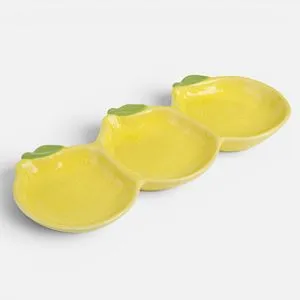 Platou ceramic pentru aperitive cu 3 compartimente, model lămâi, 30x13,5x2,7 cm, galben