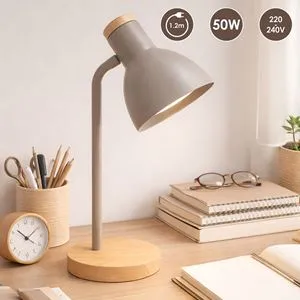 Lampă de birou bej cu bază din lemn, bec E14, cablu 1.2m