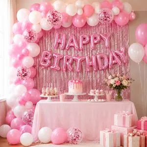 Set Decoratiuni Petrecere Roz Happy Birthday cu Baloane si Perdea