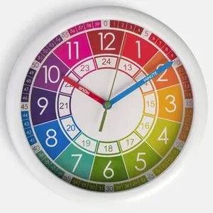 Ceas de perete educativ alb pentru copii, 20 cm, cadran colorat