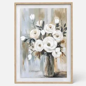 Tablou decorativ cu vaza de flori albe în ulei, cadru natural