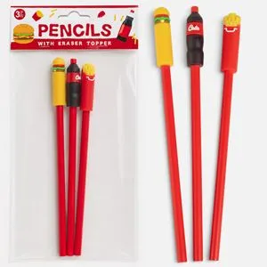 Set 3 Creioane cu Radiere Fast Food pentru Copii