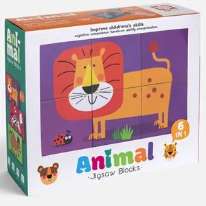 Cuburi Puzzle Animale din Jungla, 6 Piese, 21.7x18x6.6cm