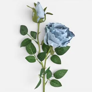 Trandafir artificial albastru decorativ 67cm cu frunze verzi