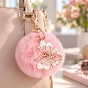 Breloc pentru geantă cu pompon roz și fluture cu strasuri, 14 cm