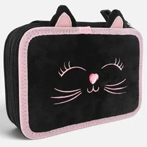 Penar triplu echipat cu model pisica, negru-roz, 14x6x20 cm