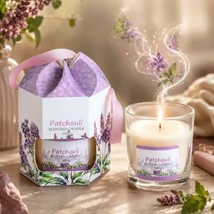 Lumanare parfumata in pahar cu aroma de patchouli, 200g, ambalata in cutie cadou