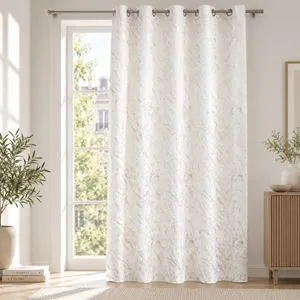 Perdea decorativa ivoire cu model marmura aurie si inele, 140x260 cm
