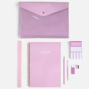 Set Scolar Roz 8 Piese cu Mapa, Caiet A4 cu Spirala si Accesorii