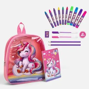 Set școlar cu rucsac unicorn, roz, din material textil