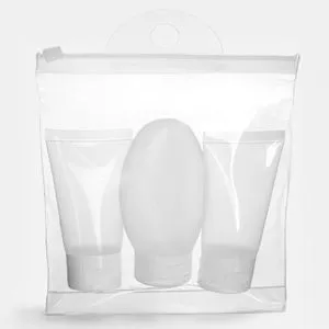 Set 3 recipiente călătorie pentru lichide, 80 ml + 2 x 50 ml, cu pungă transpare