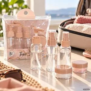 Set gentuta cosmetice transparenta, 5 piese, pentru transport lichide