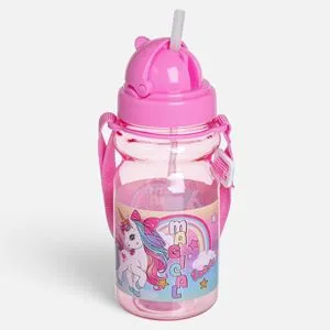 Sticlă cu pai pop-up 350 ml, design unicorn, roz