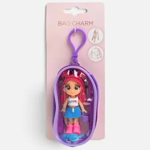 Breloc cu figurina fata cu par roz si gentuta transparenta mov, 16 cm – poza 4