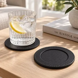 Set 2 Suporturi Rotunde pentru Pahare din PVC Negre cu Aspect de Piele Ø10cm – poza 3