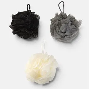 Set 3 Bureți de Baie cu Snur, 40g, Alb, Gri și Negru