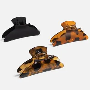 Set 3 Clame de Par pentru Femei 9cm, Negru Mat si Maro Lucios