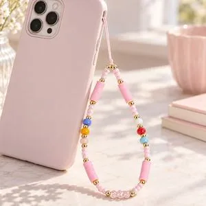 Bratara pentru telefon cu margele roz, 13 cm, accesoriu practic si elegant