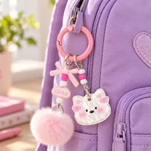 Breloc Charm Roz cu Pompon și Cățeluș Cute pentru Geantă 8cm