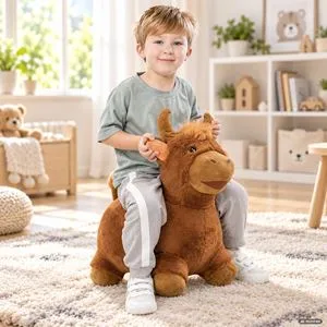 Cal de joacă plusat maro pentru copii, design taur canadian
