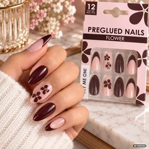 Set Unghii False cu Adeziv, Forma Migdalata, Model Floral Roz si Maro, 12 Bucati