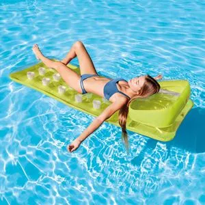 Saltea gonflabila pentru plaja, 1.88x0.71m, cu perna integrata si suporturi pentru bauturi, Verde
