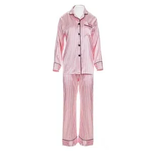 Set Pijama Iarnă Satin Roz Elegant cu Detalii Negre