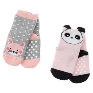 Sosete Gri Roz Panda Iepuras Anti-slip pentru Bebe - 2 perechi