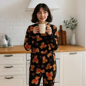 Set Pijama Iarnă Catifelat Negru cu Ursulet Maro și Detaluri Rosii