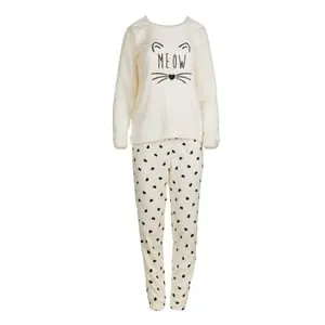 Set Pijama Iarnă Fleece Ecru Pisică Meow pentru Femei