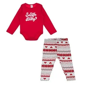 Set Pijama Iarnă Bebeluș Body Rosu și Colanti Jacquard cu Inimi