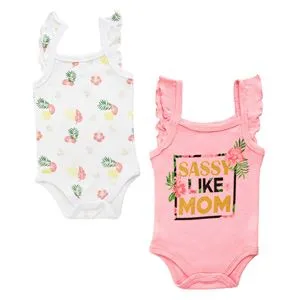 Set Body Bumbac Roz & Alb cu Model Floral și Glitter Auriu pentru Bebelusi