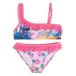 Costum de baie cu volan pentru copii, roz, cu imprimeu Stitch si flori