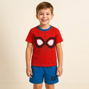 Set Pijama de Vară din Bumbac Roșu și Albastru cu Imprimeu Paianjen pentru Copii – poza 2