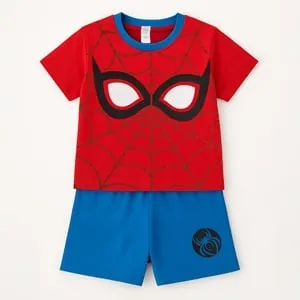Set Pijama de Vară din Bumbac Roșu și Albastru cu Imprimeu Paianjen pentru Copii – poza 3