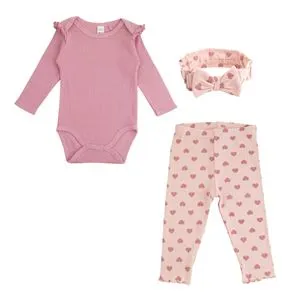 Set 3 Piese Bebelus din Bumbac, Body cu Maneca Lunga, Colanti cu Inimioare si Bentita, Roz Somon