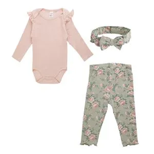 Set de 3 piese bebeluși din bumbac cu model floral și culorile somon
