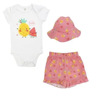 Set de 3 Piese din Bumbac pentru Bebeluși – Stil Vara Fructe Roz & Alb