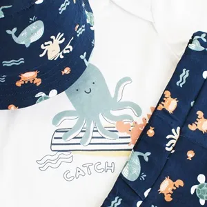 Set de 3 Piese Bumbac Vara pentru Bebeluși cu Caracatiță și Palarie Bleu – poza 4
