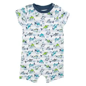 Salopetă Pijama din Bumbac Alb-Bleu cu Model Rechini pentru Bebeluși