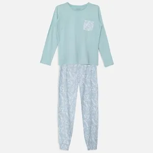 Set Pijama Dama Bumbac Floral Albastru Manșetă Lungă – poza 2