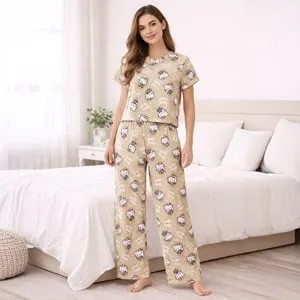 Set Pijama de Iarnă Femei Bumbac Bej cu Manecă Scurtă și Model Hello Kitty