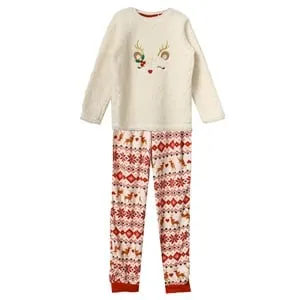 Set Pijamale Pufoase de Crăciun Albe pentru Copii cu Model Elefant și Fir Auriu