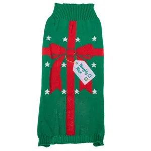 Pulover Tricotat de Crăciun pentru Câini, Verde cu Model Cadou și Panglică Roșie – poza 3