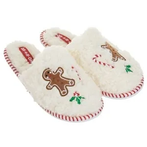 Papuci de Craciun Albi Boucle cu Model Om de Turta Dulce